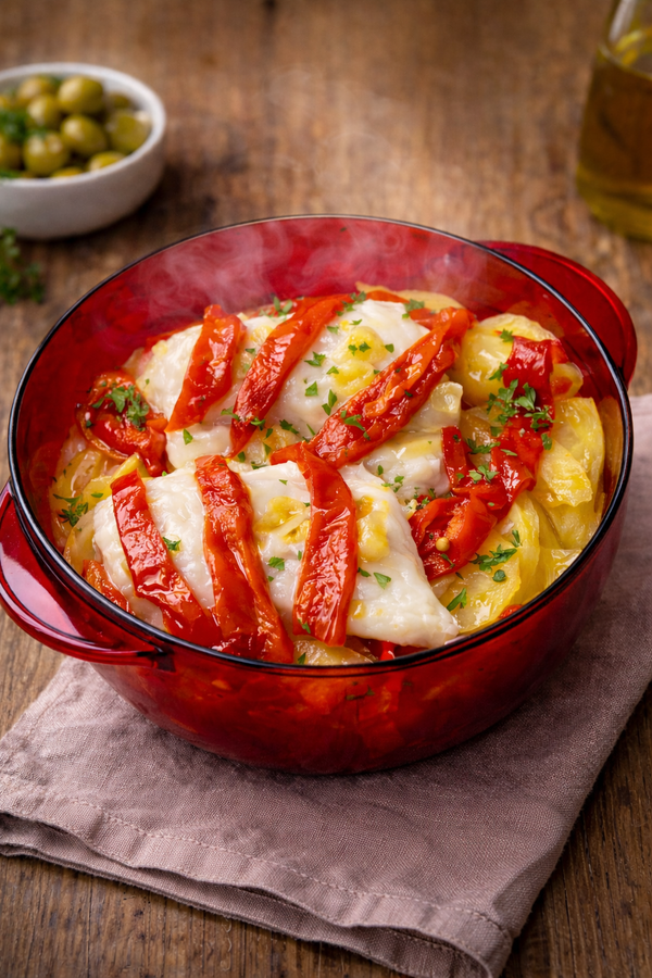 Bacalao con patatas y pimientos (en microondas)