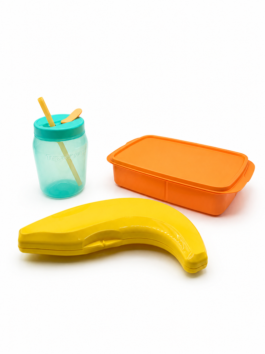 Snack con divisiones 1L + Tinaja Universal 550 ml con pajita + Banana Keeper